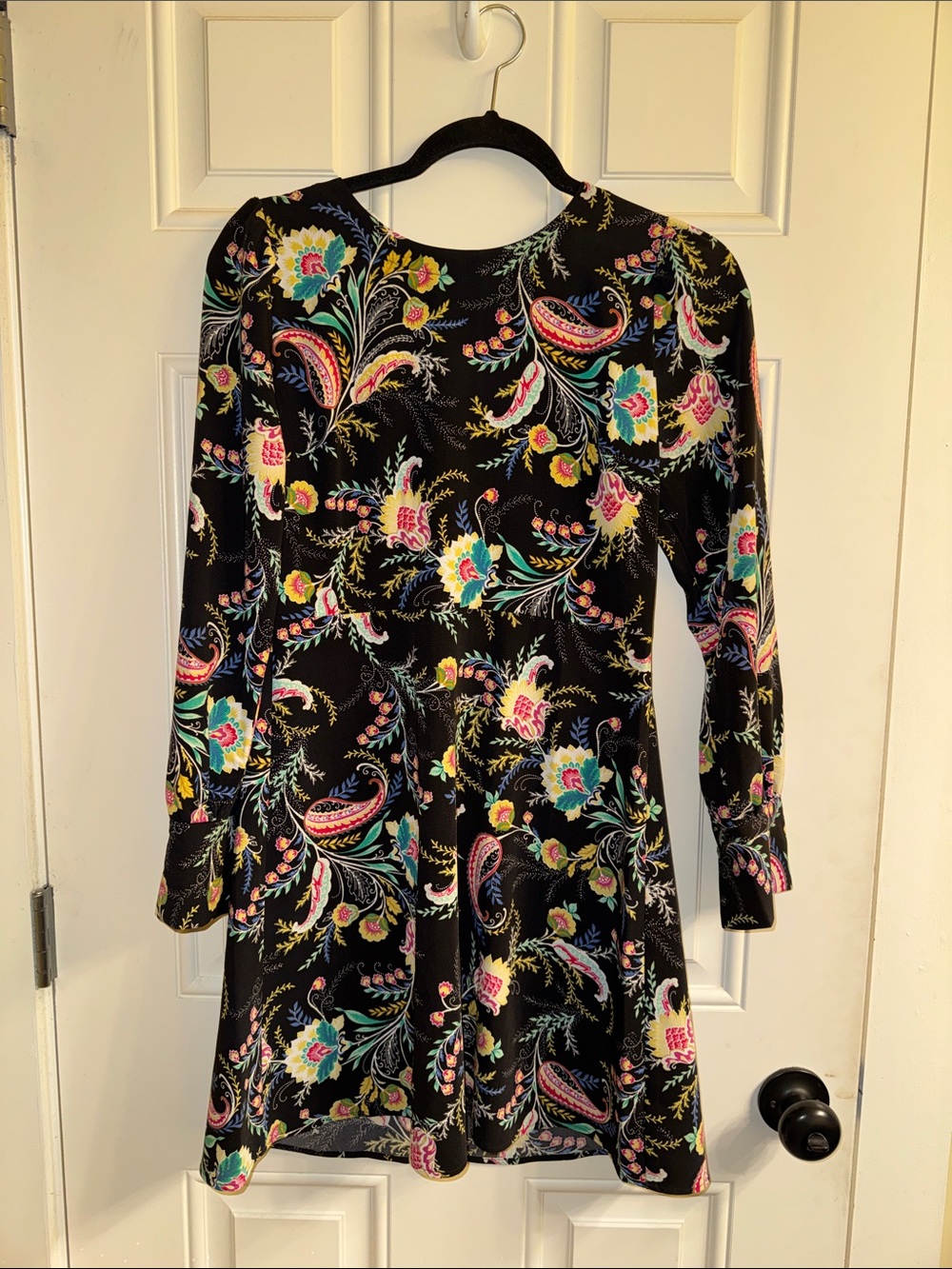 LOFT Black Long-Sleeve Paisley & Floral Fit-and-Flare Dress